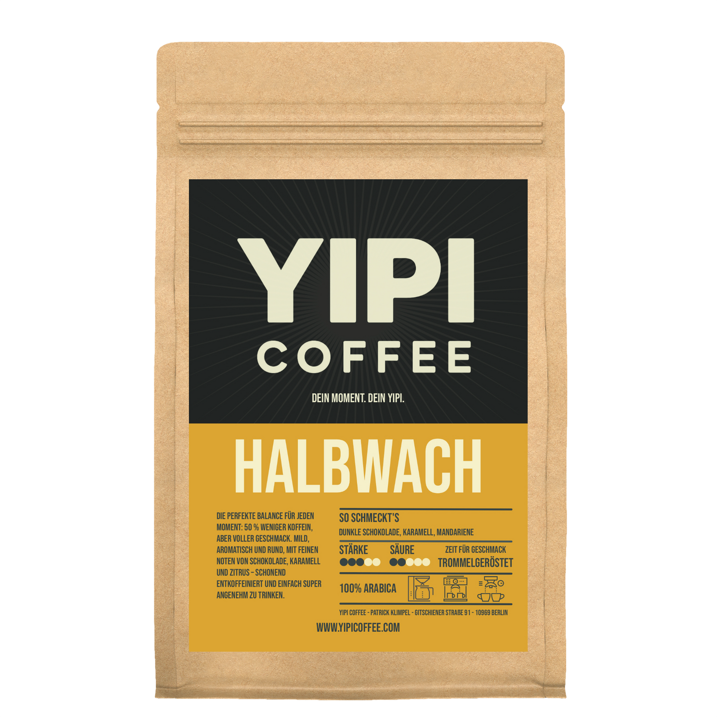 YIPI Coffee Halbwach Kaffeepackung – Kaffee mit weniger Koffein und vollem Geschmack für entspannte Momente
