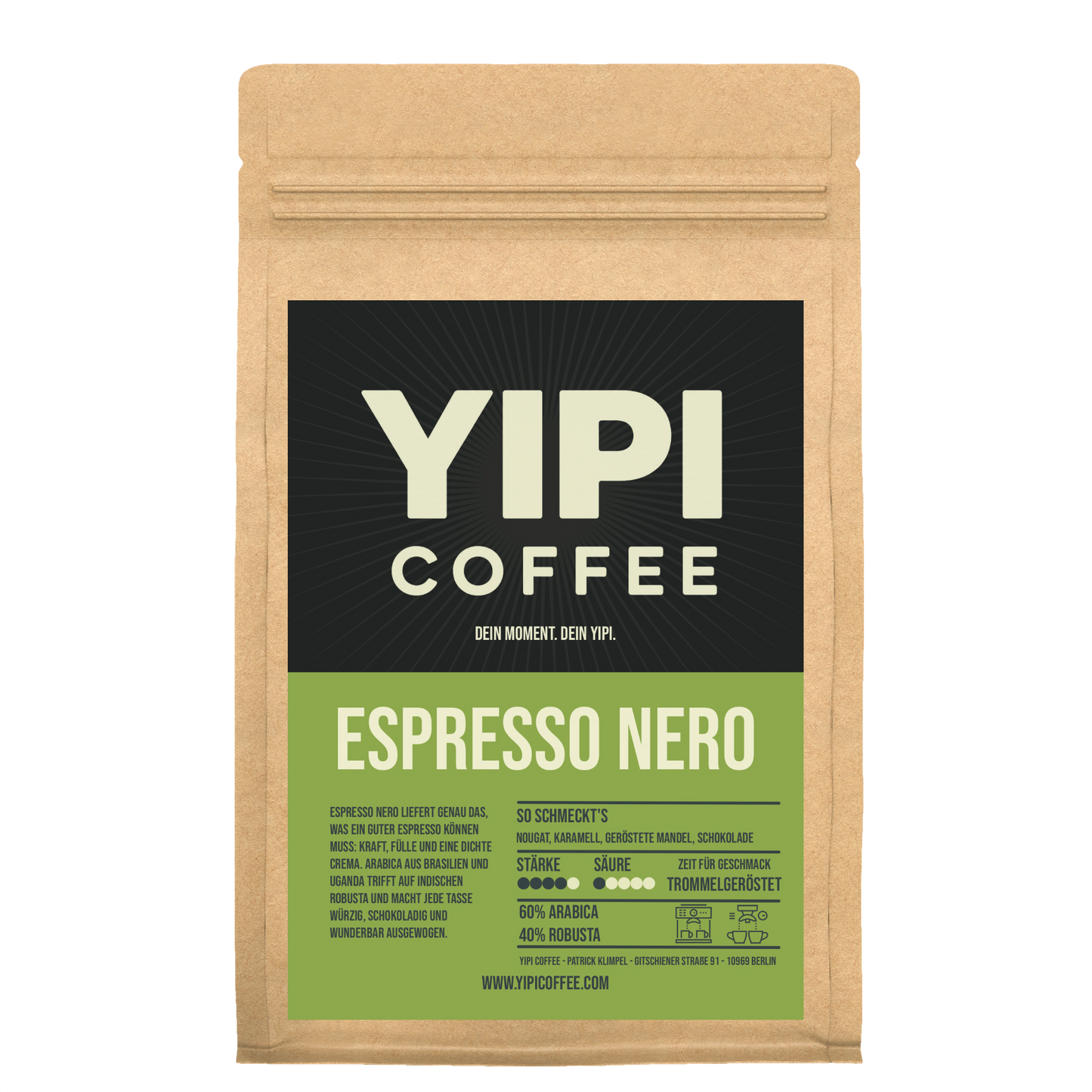 YIPI Espresso Nero Packung – intensiver Espresso mit dunkler Schokolade, Kraft und dichter Crema